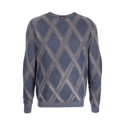 Giorgio Armani Armani FW21 Blue Logo Diamond Pattern Crewneck Sweatshirt 6KSM30SM32Z-FBUB