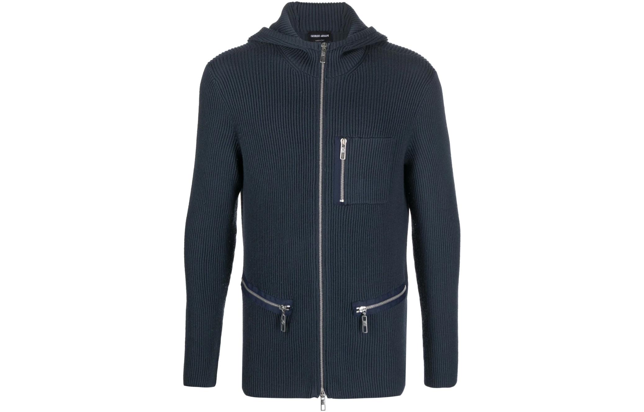 Giorgio Armani Armani SS23 Ribbed Knit Hooded Jacket Navy Blue 3RSG03-SM11Z-UBQ3