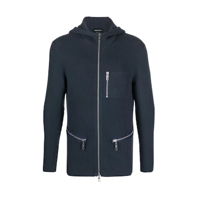 Giorgio Armani Armani SS23 Ribbed Knit Hooded Jacket Navy Blue 3RSG03-SM11Z-UBQ3