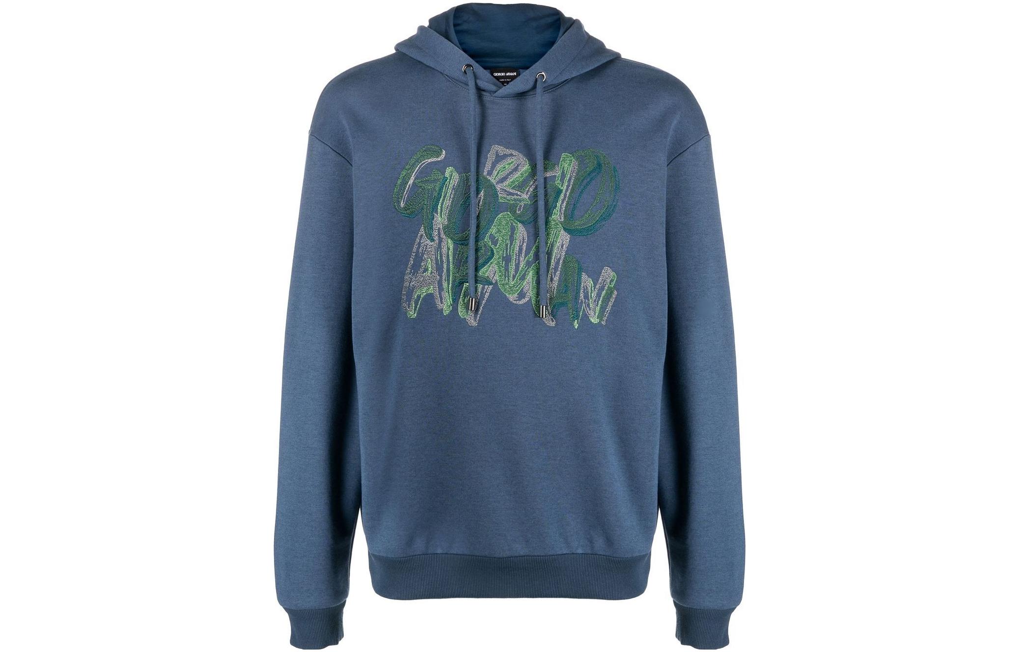Giorgio Armani FW22 Blue Logo Embroidered Drawstring Hoodie 6LSM50-SJQDZ-U8KV