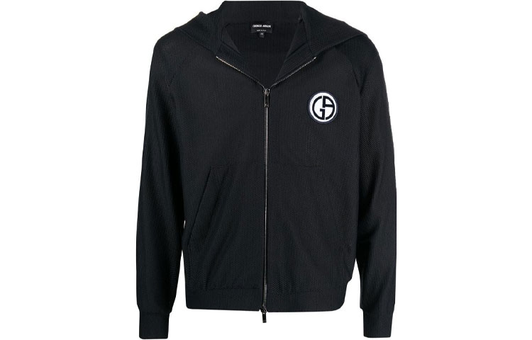 Giorgio Armani SS21 Appliqué Logo Mesh Zip Hoodie Jacket Black 3KSB72SJFJZ-UBWZ