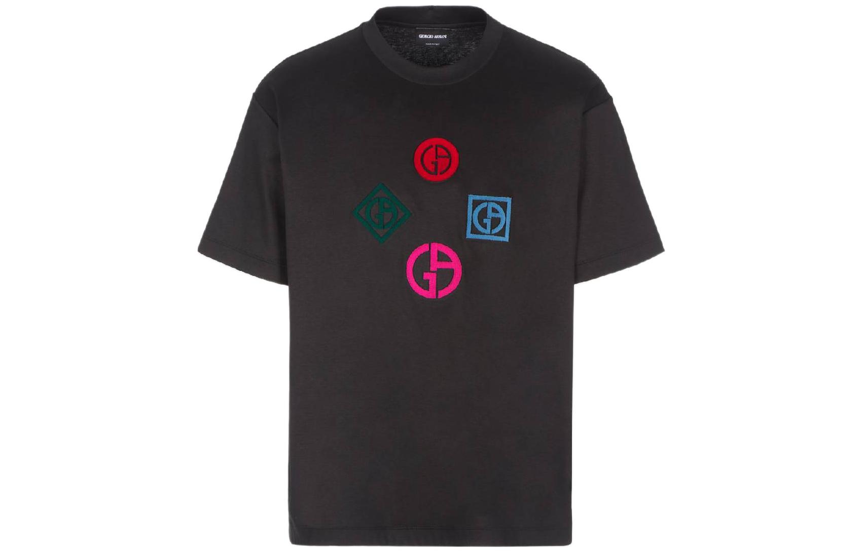 Order 乔治阿玛尼SS22黑色刺绣Logo圆领T恤。 3LSM78SJTKZ-UC99