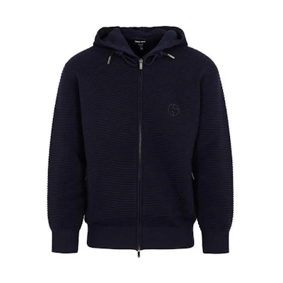 Giorgio Armani SS23 Black Solid Drawstring Hooded Knit Jacket 3RSBA1-SMA3Z-UBWF