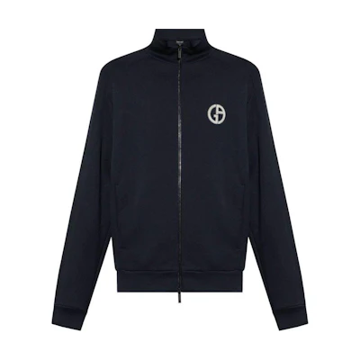 Giorgio Armani SS24 Navy Blue Embroidered Logo High Collar Zip Jacket Mens GM000230-TE10668-SEAMILITARYBLUE