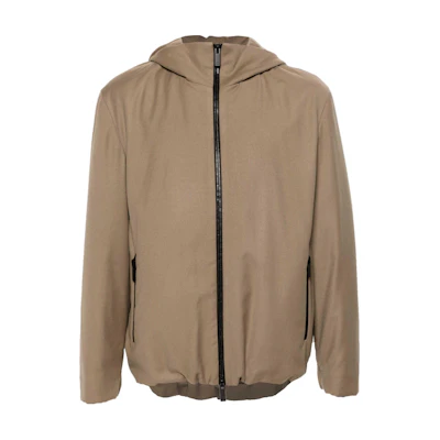 Giorgio Armani SS24 Solid Zip-Up High Neck Hooded Jacket Taupe GM0001-94TE1-0090