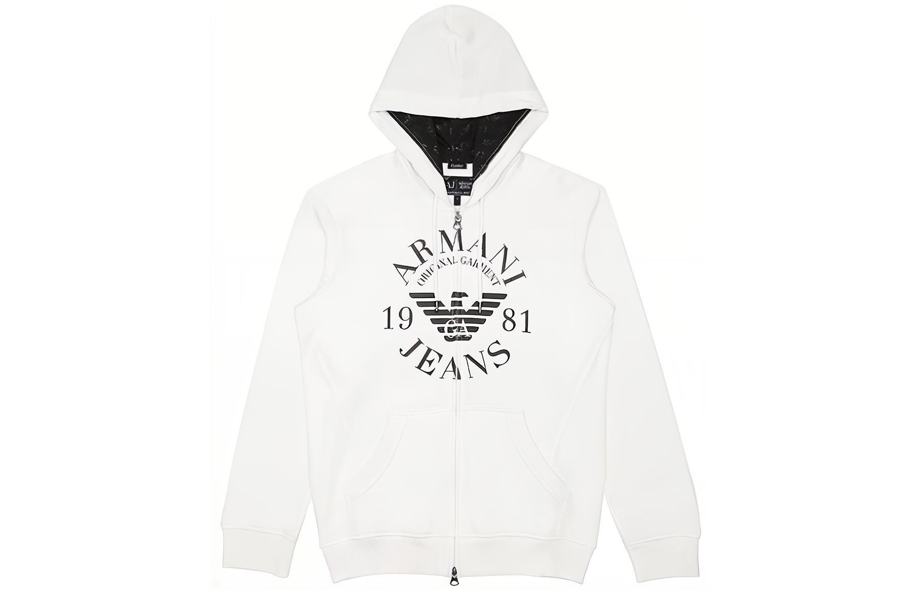 Giorgio Armani White Loose Fit Hoodie with Logo Print and Zipper 06M34RN-I1