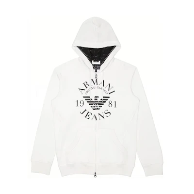 Giorgio Armani White Loose Fit Hoodie with Logo Print and Zipper 06M34RN-I1