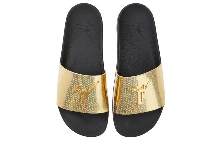 Shop giuseppe zanotti/GZ Brett 層壓合成 圖案印花 時尚拖鞋 男款 金色