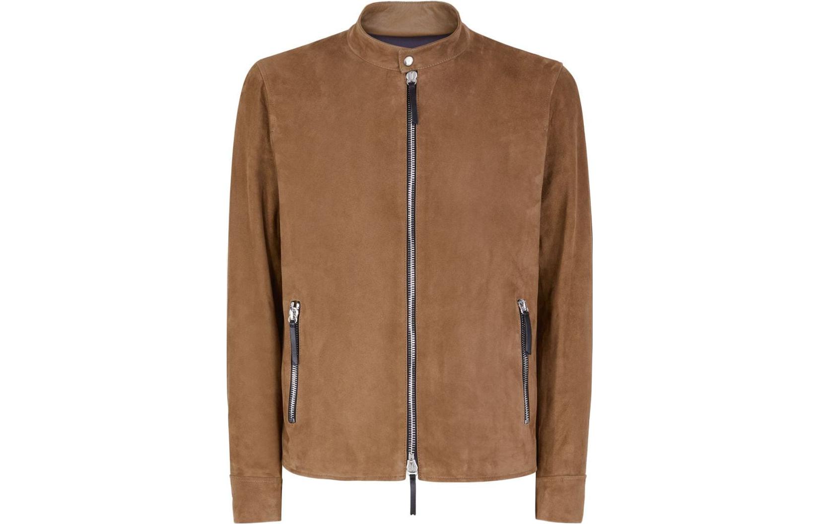 Giuseppe Zanotti Brown Suede Leather Jacket with Zipper and Stand Collar ERU8016K05