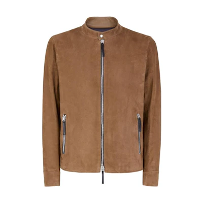 Giuseppe Zanotti Brown Suede Leather Jacket with Zipper and Stand Collar ERU8016K05