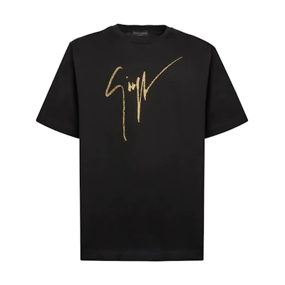 Giuseppe Zanotti GZ FW22 Logo Rhinestone Short Sleeve T-Shirt Men Black Gold. IRU2003001