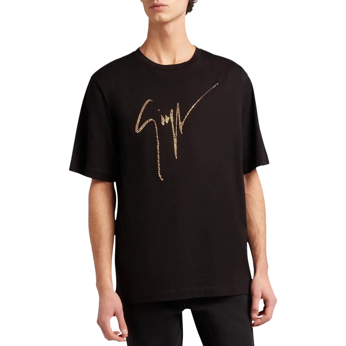 Lookbook ジュゼッペザノッティ GZ FW22 ロゴ ラインストーン 半袖 Tシャツ メンズ ブラック ゴールド IRU2003001