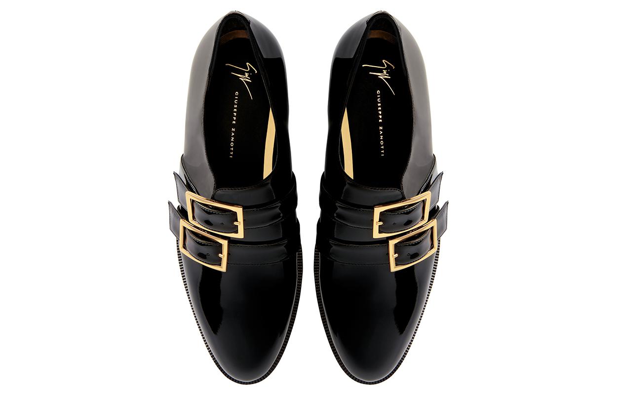 Lookbook Giuseppe Zanotti PU Nyaman 'Hitam Round-Toe dengan Gesper Emas' IU30026001