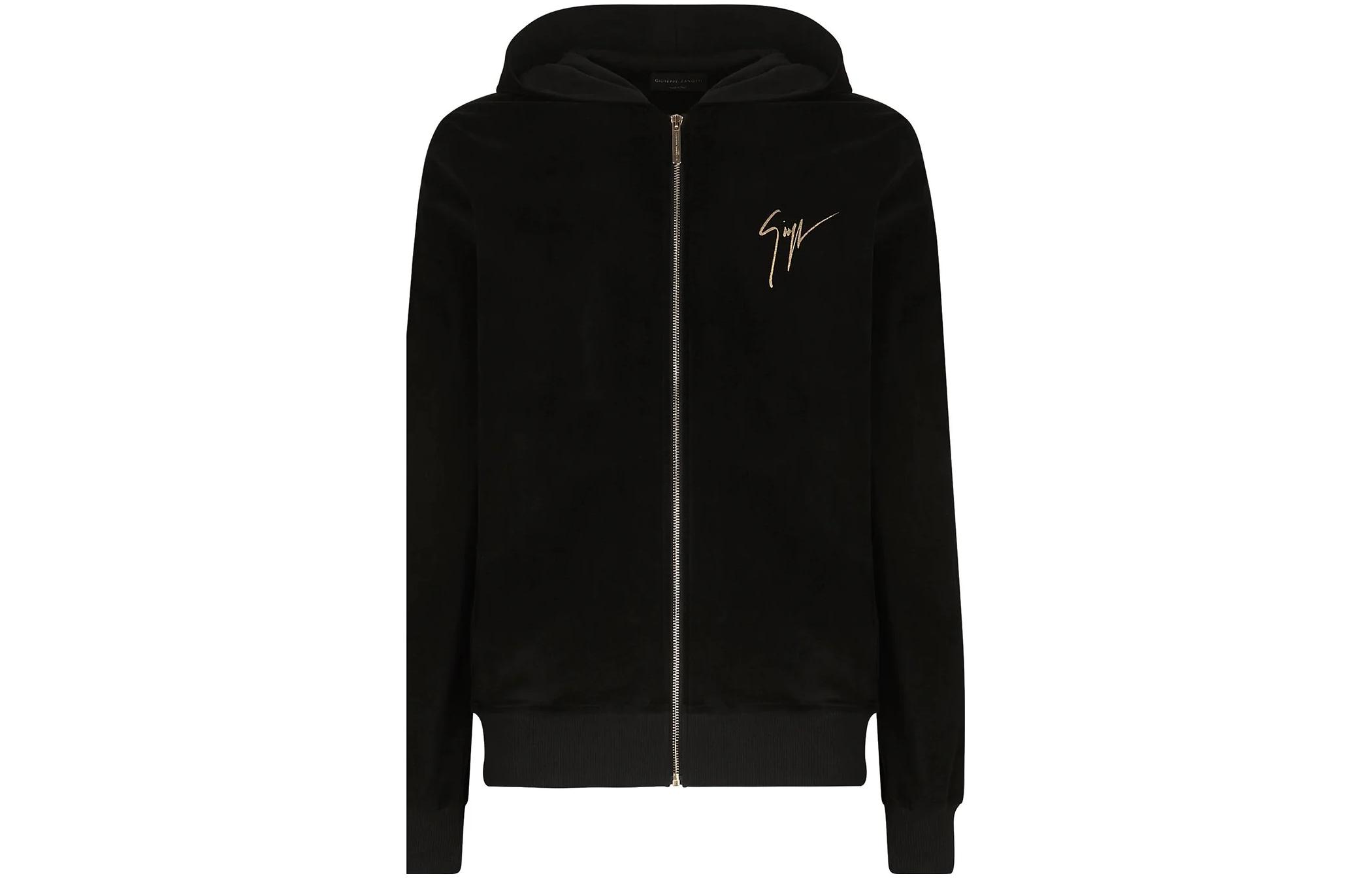 Giuseppe Zanotti SS23 Black Velvet Hoodie with Embroidered Logo IRU1008001