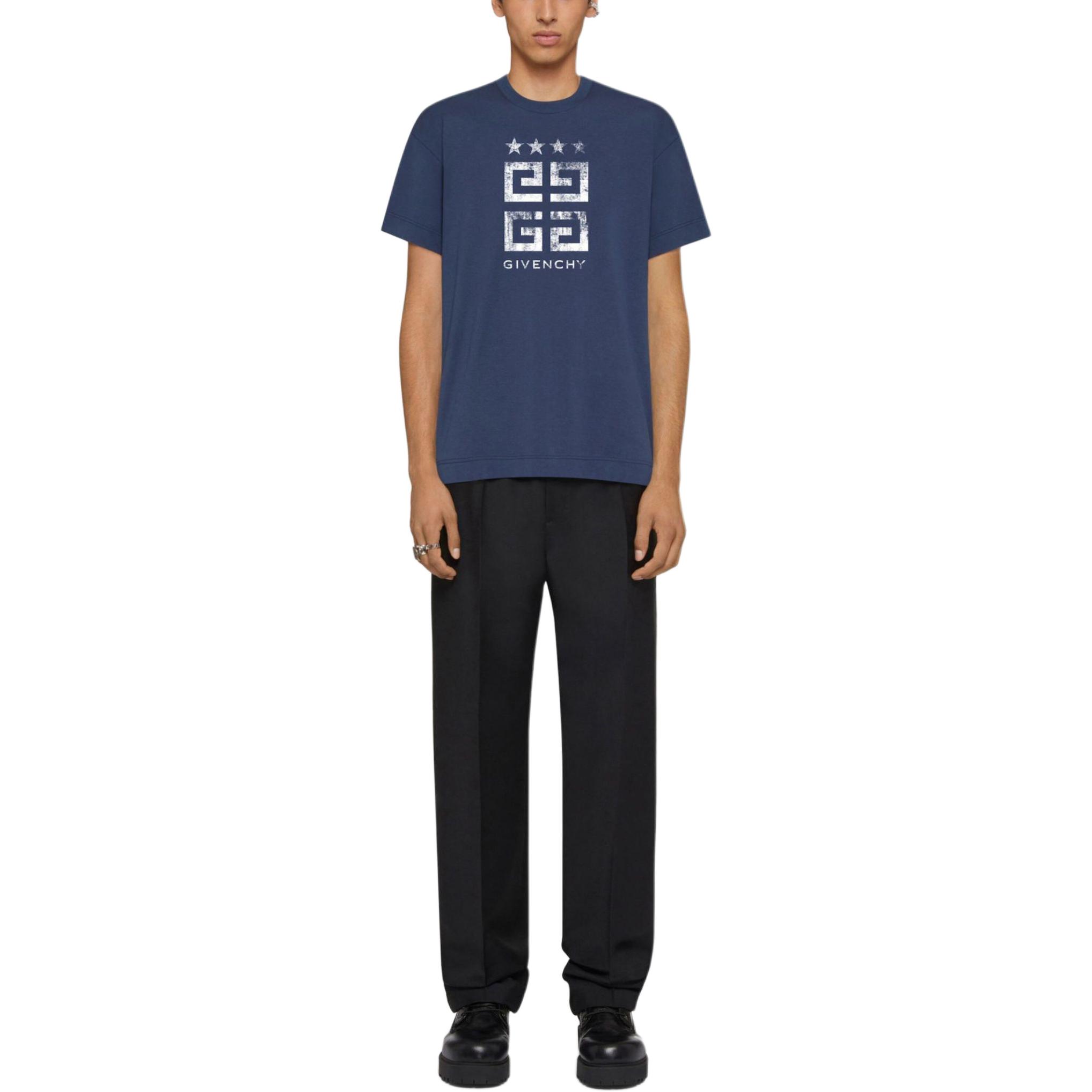 Lookbook Givenchy 4G Stars Slim Fit Blue Cotton Round Neck T-Shirt for Men. BM716G3YEL-402