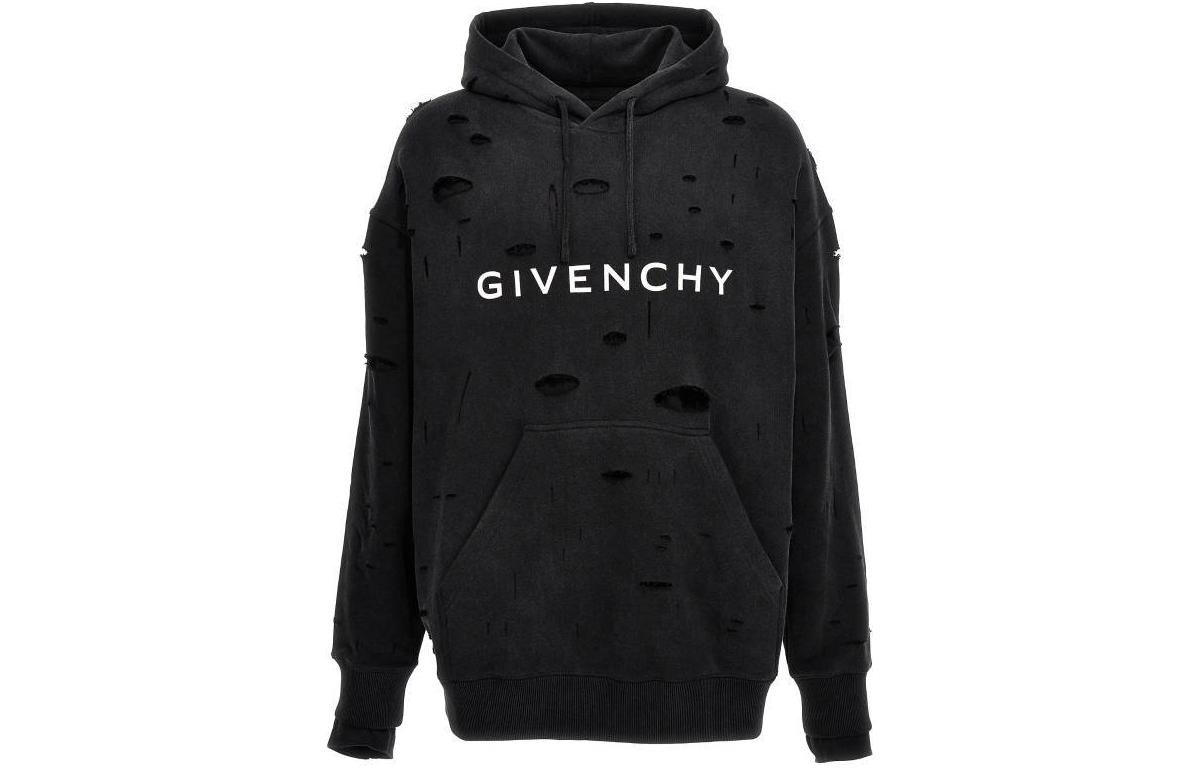 GIVENCHY  Black Distressed Hoodie with Letter Print. BMJ0JE3Y9W-011