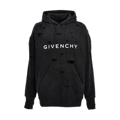 GIVENCHY Black Distressed Hoodie with Letter Print. BMJ0JE3Y9W-011