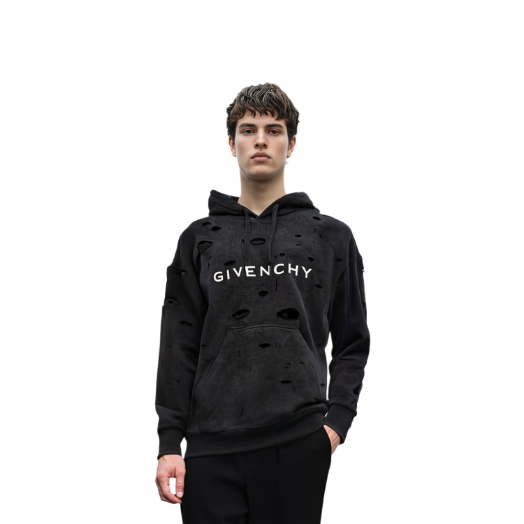 Shop 紀梵希 黑色字母印花破洞連帽衫 BMJ0JE3Y9W-011