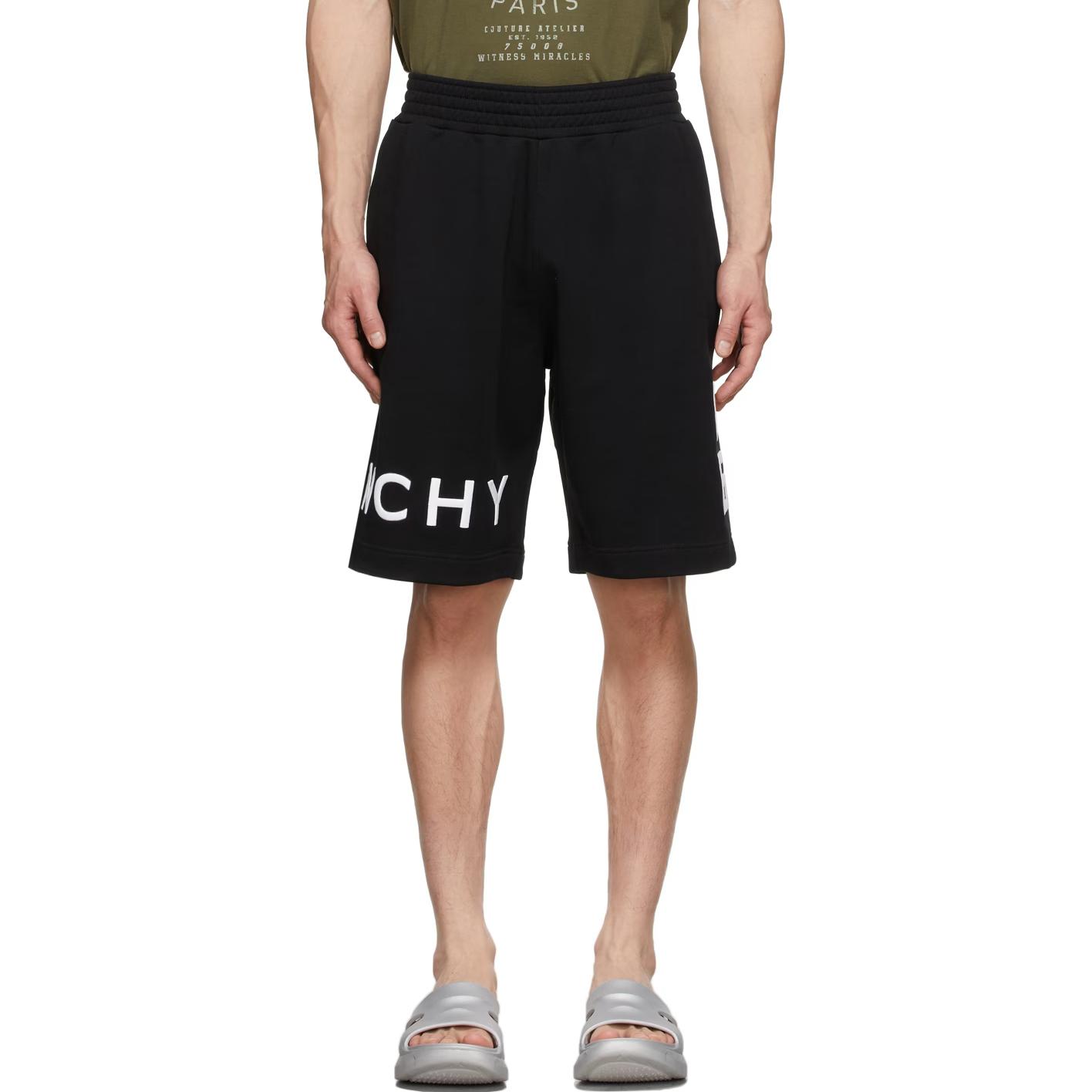 Shop Givenchy 黑色側邊Logo印花中腰彈性休閒短褲 BM50WC3YMG-001