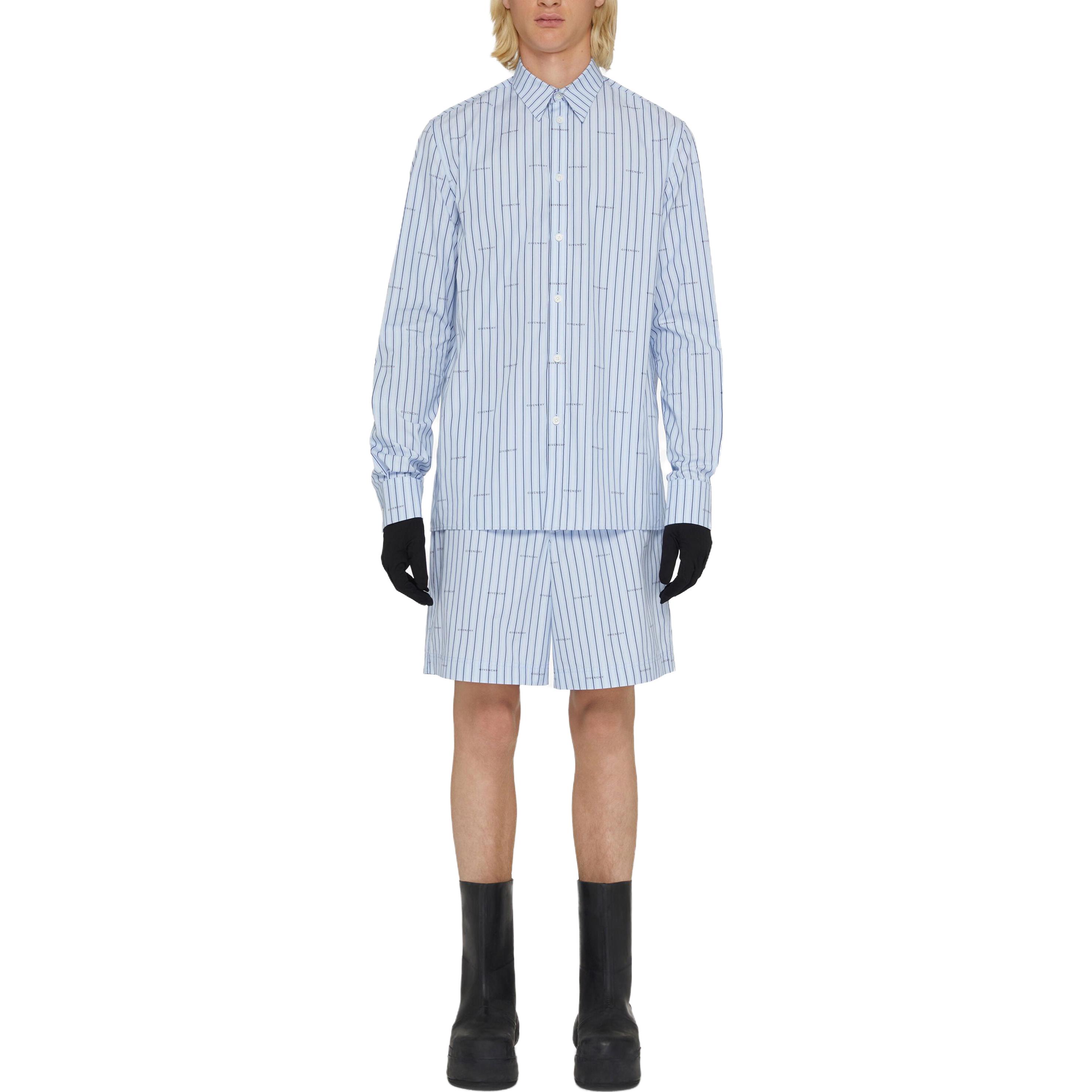 Lookbook Givenchy Kemeja Lengan Panjang Garis Biru dengan Cetakan Huruf BM60WA14P5-453