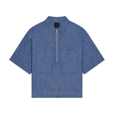 GIVENCHY Blue Zip-Up Collar Short Sleeve Shirt. BM610H5YAP-452
