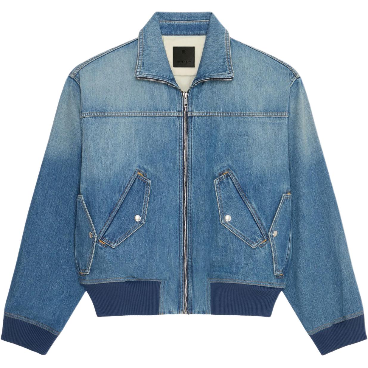 Givenchy  Denim Bomber Jacket Washed Zip Long Sleeve Outerwear in Blue. BM01685Y9G420