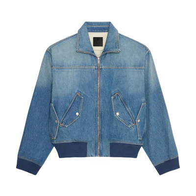 Givenchy Denim Bomber Jacket Washed Zip Long Sleeve Outerwear in Blue. BM01685Y9G420