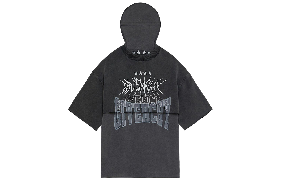 GIVENCHY  Grey Hooded Short Sleeve T-Shirt with Logo Print & Layered Design BM71FE3Y8T-020