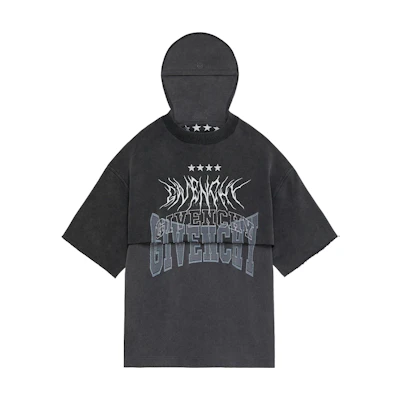 GIVENCHY Grey Hooded Short Sleeve T-Shirt with Logo Print & Layered Design BM71FE3Y8T-020