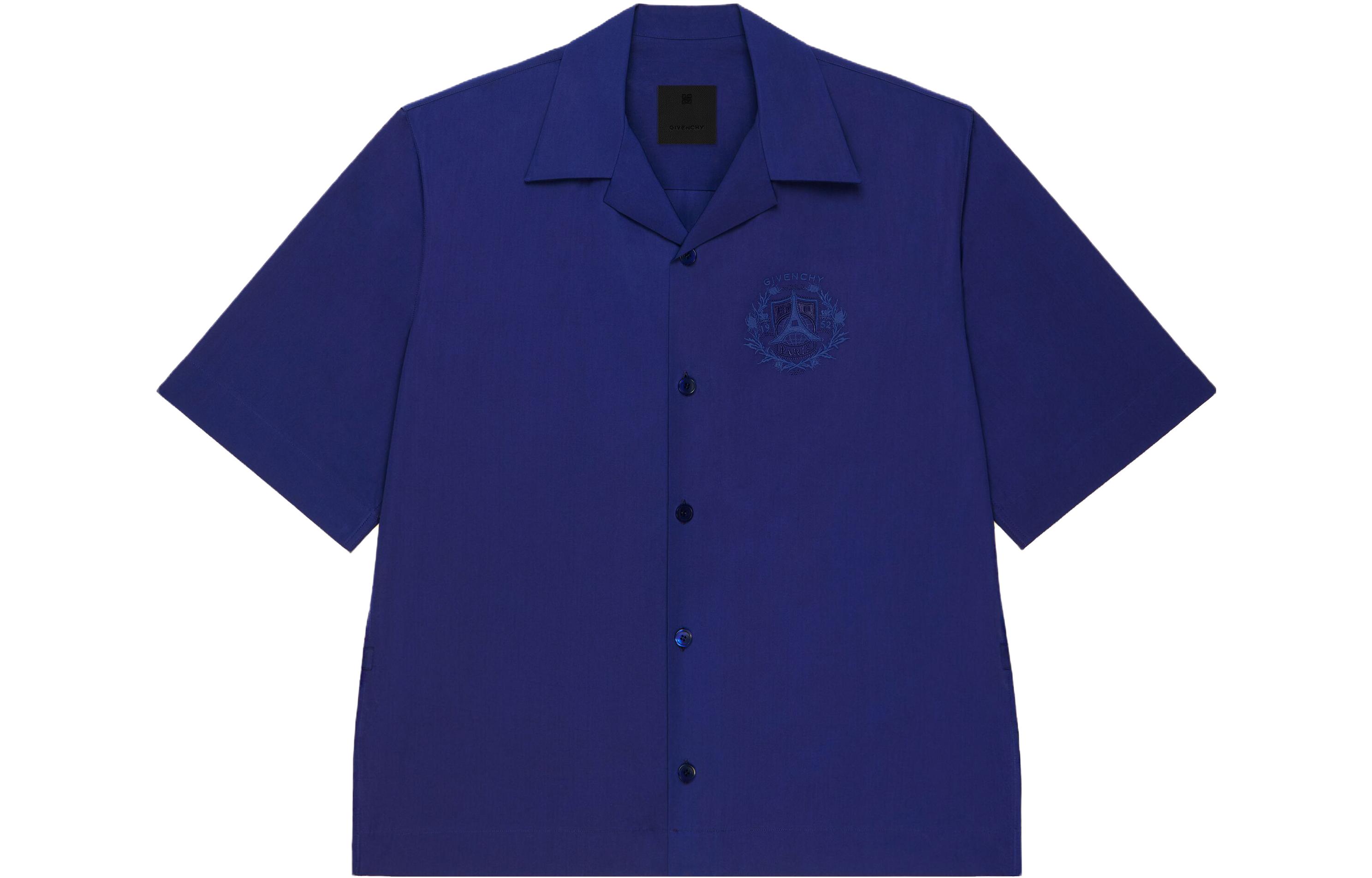 Givenchy  Solid Color Cuban Collar Short Sleeve Shirt Blue BM60WP14M6-467