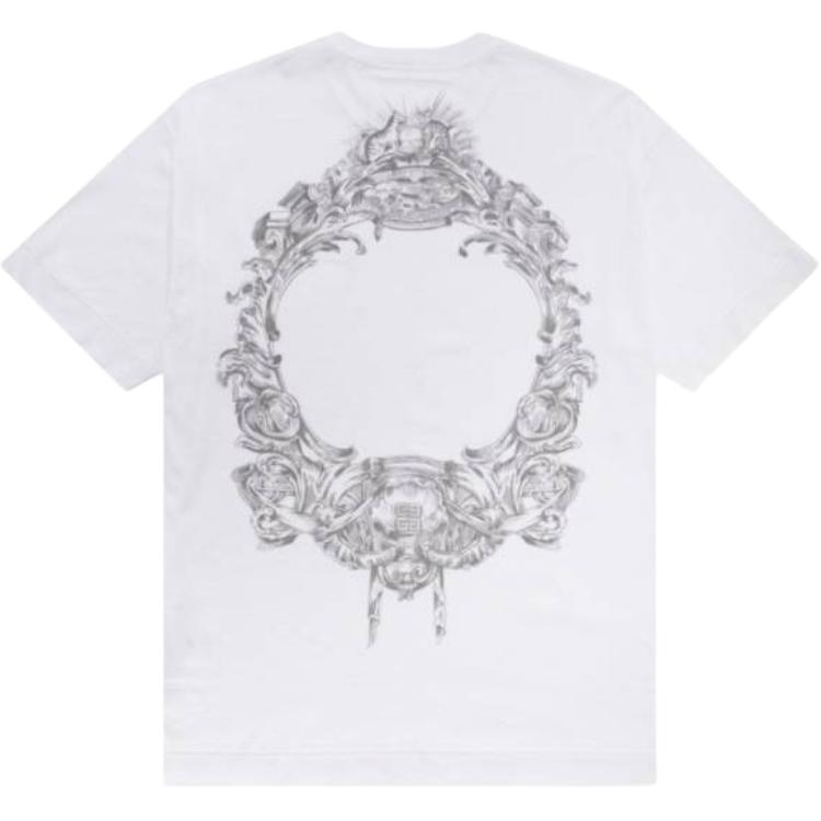 Lookbook 지방시 화이트 바로크 프린트 크루넥 스트레이트 핏 티셔츠. BM71JA3YNZ-100