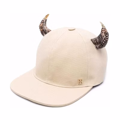 GIVENCHY Beige Cotton Baseball Cap with Horn-Shaped Embellishment. BPZ024P0CD