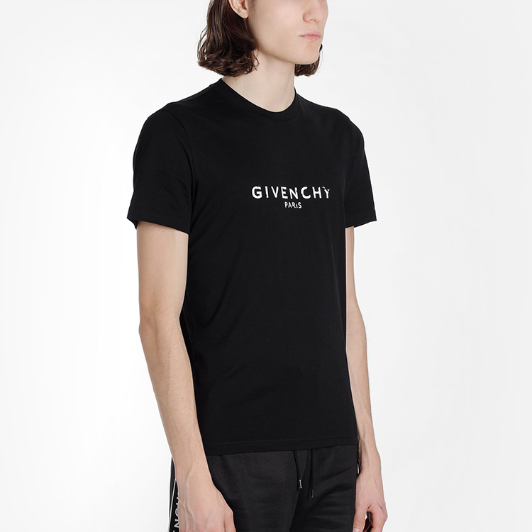 Shop 纪梵希黑色复古做旧标志印花棉质圆领T恤 BM70K93002-001