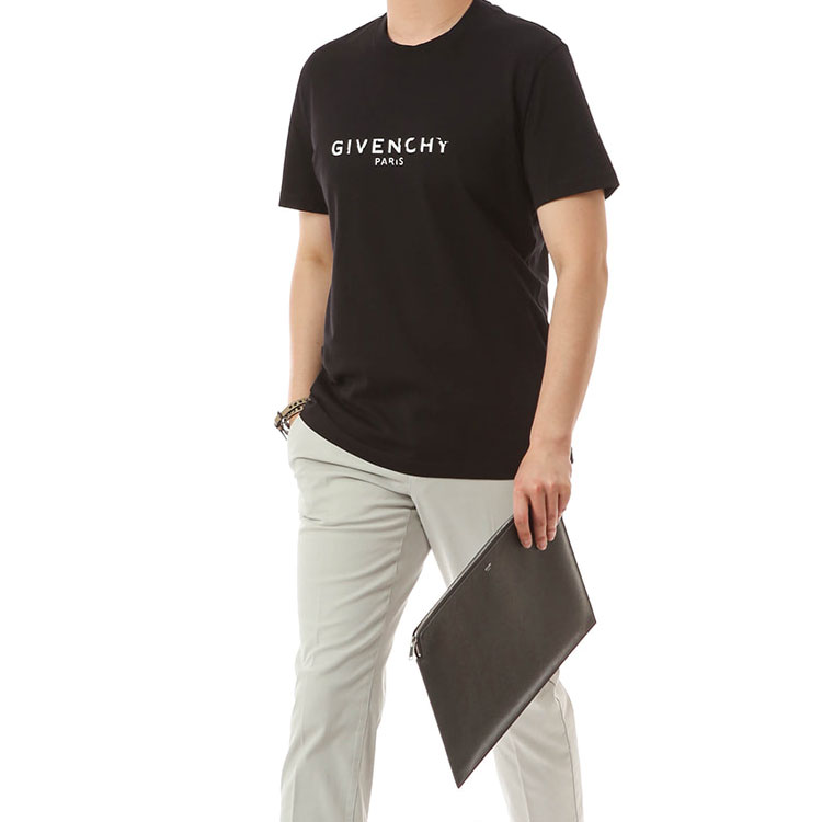 Cheap 纪梵希黑色复古做旧标志印花棉质圆领T恤 BM70K93002-001