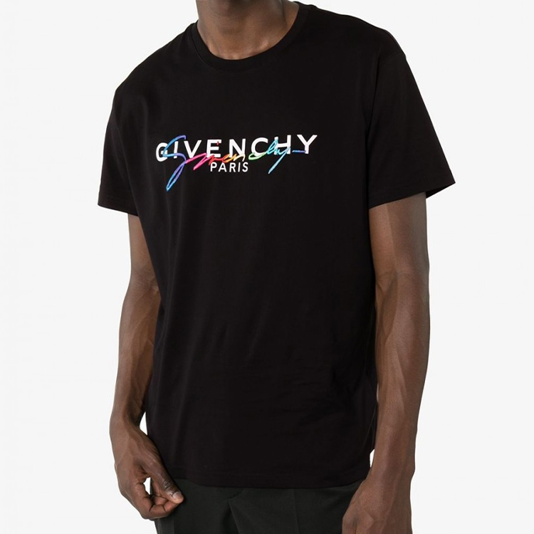 Shop GIVENCHY Baju T-Shirt Hitam Logo Tulisan Bersulam Kapas BM70RL3002-001