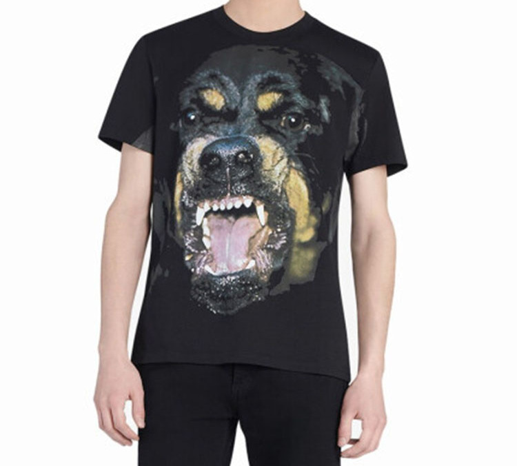 Shop Camiseta Ajustada de Algodón GIVENCHY Negra con Estampado de Perro Rottweiler BM705K3Y1P-001
