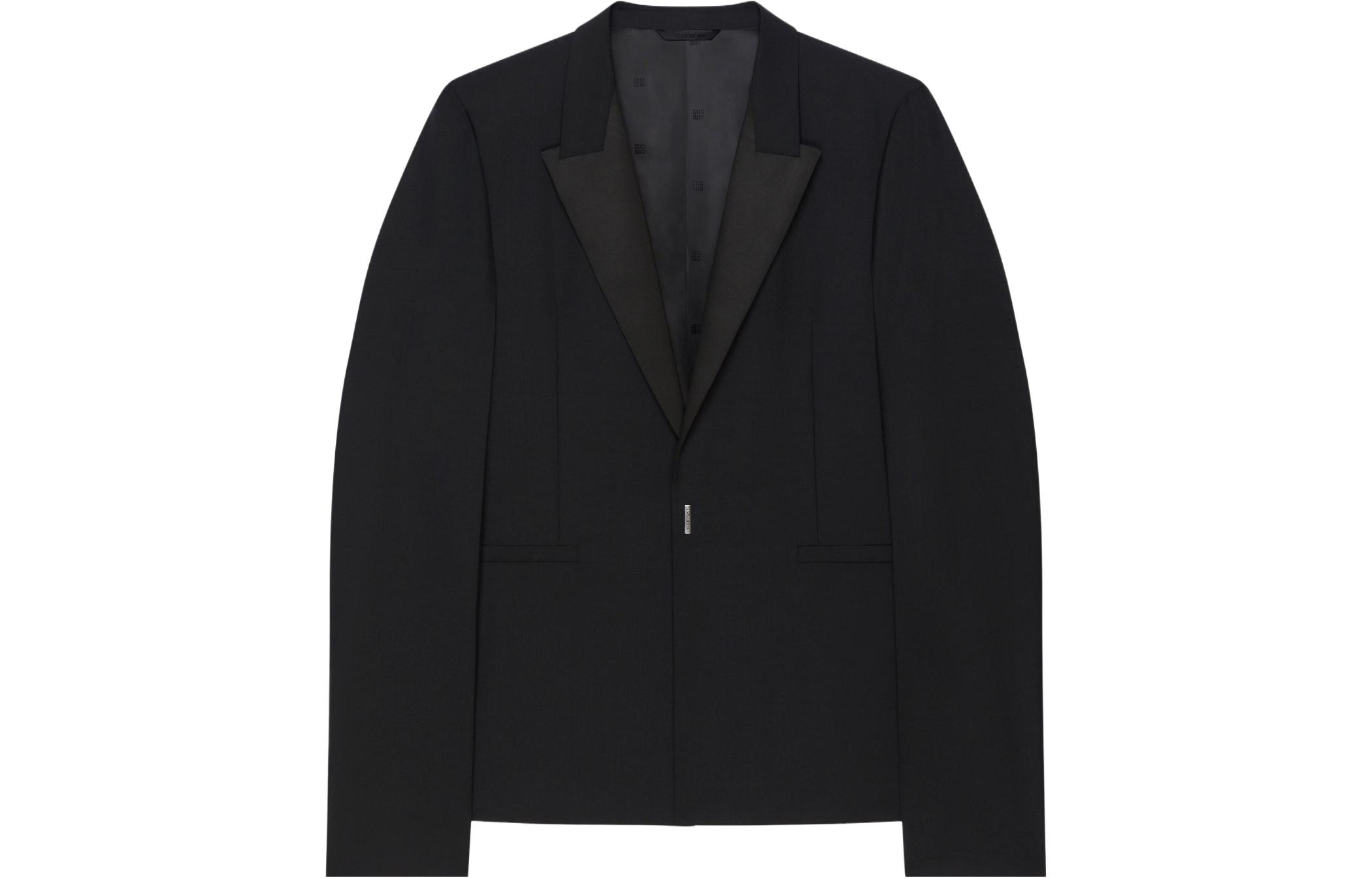 Lookbook 지방시 블랙 새틴 로고 프린트 블레이저, 노치드 라펠, 롱 슬리브 BM30B1100H-001