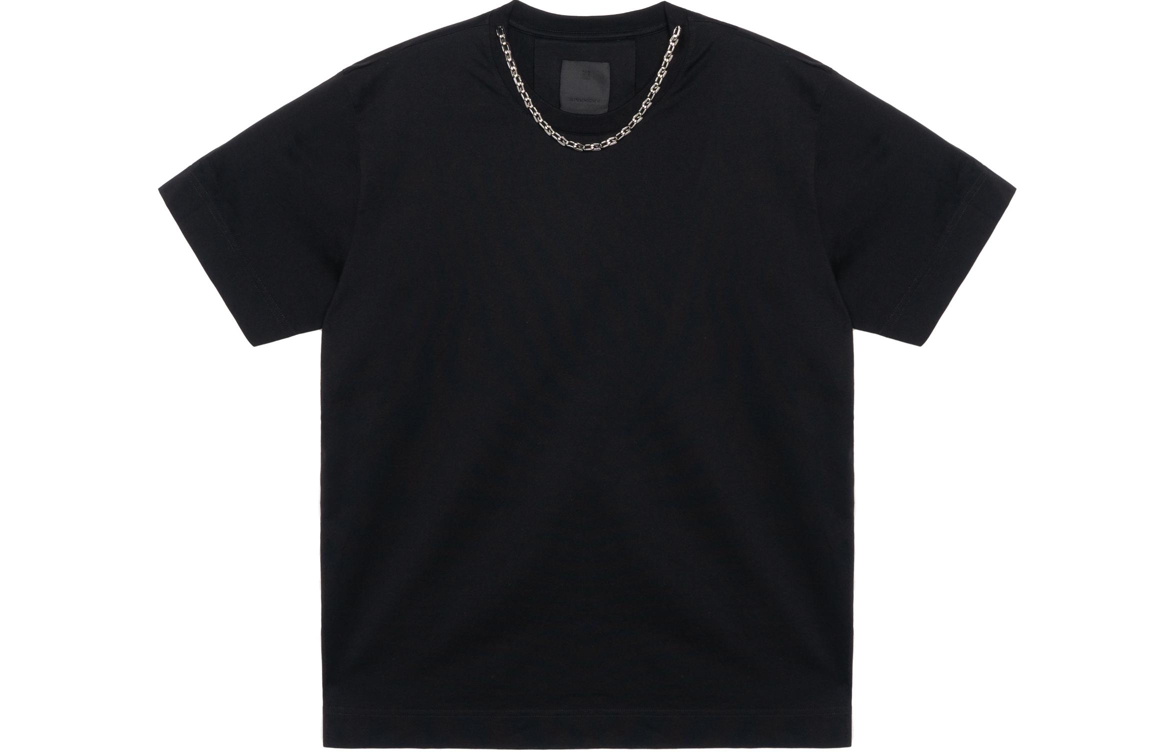 GIVENCHY Black Short Sleeve T-Shirt with Metal Chain Detail. BM71453Y6B-001