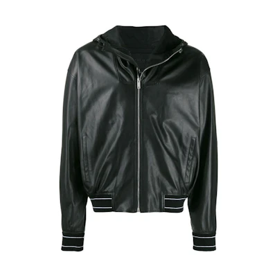 Givenchy Black Striped Print Zip-Up Hooded Leather Jacket BM00AJ60DH-001