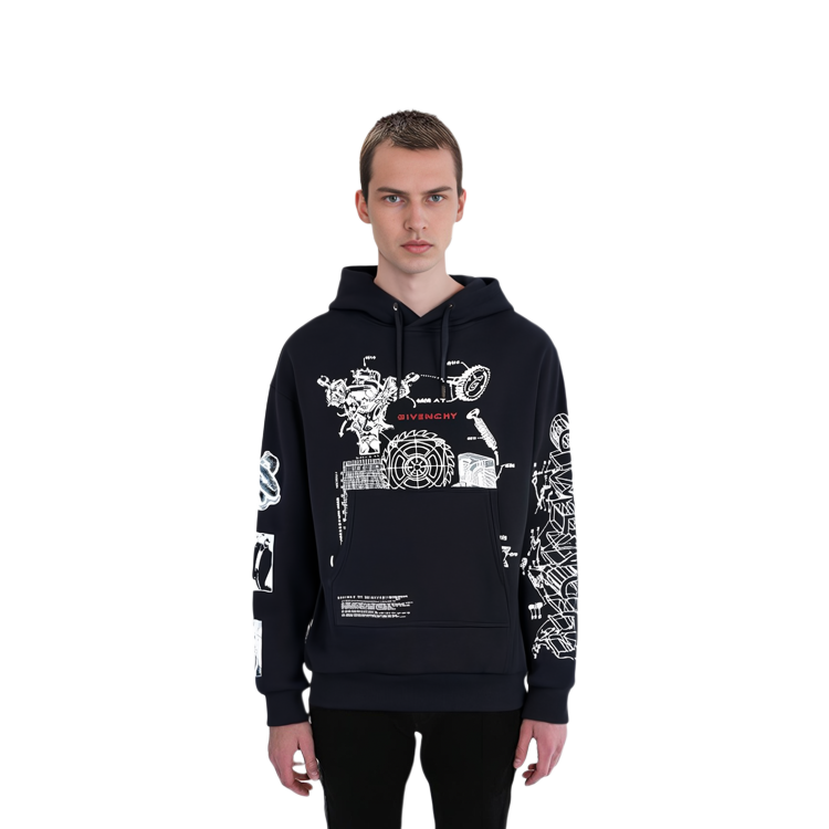 Sizing ジバンシィ ブラック テックプリント ロゴ フーディー BMJ09L305B-001