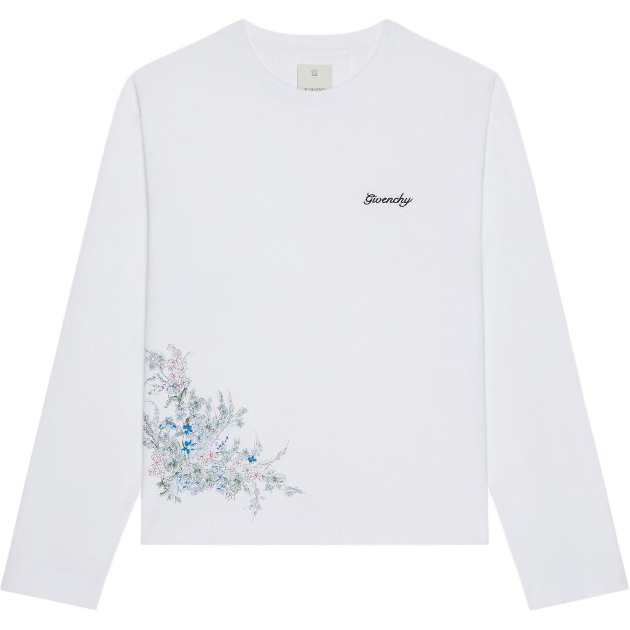 Givenchy Boxy Fit Cotton T-Shirt Floral Logo Crewneck Long Sleeve White BM71KP3YMU-100