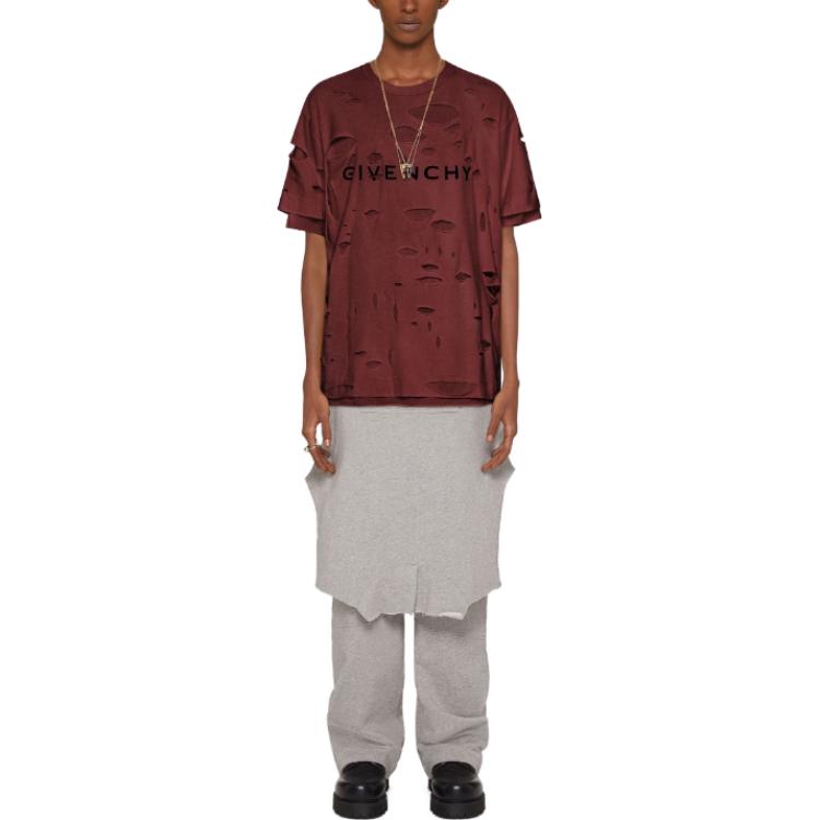 Lookbook 지방시 브라운 레터 프린트 디스트레스드 크루넥 반팔 티셔츠. BM71G13YGT-601