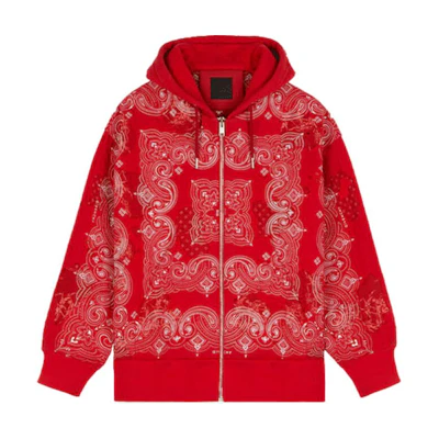 Givenchy FW21 Bandana Print Distressed Red Hoodie Jacket for Men BMJ0D83Y71-640