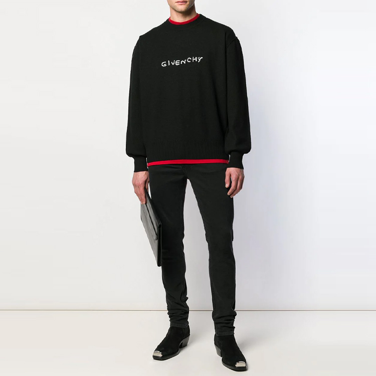 Lookbook 纪梵希2021秋冬男士黑色Logo刺绣羊毛套头毛衣 BM908P4Y3J-001