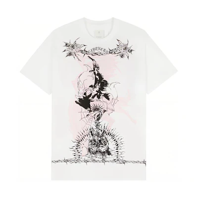 GIVENCHY FW21 Gothic Graphic Loose Fit Short Sleeve T-Shirt White Mens. BM71583Y6B-100