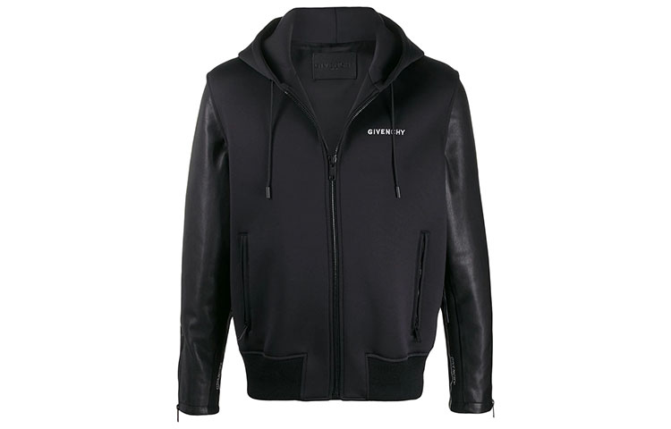 Givenchy FW21 Logo Embroidered Leather Sleeve Hoodie Jacket Black Men’s BM00EQ6Y06-001