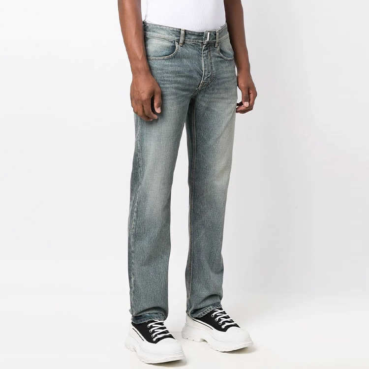 Shop Givenchy FW21 Jeans Pria Biru Mid-Rise Straight-Leg Distressed BM50UY5Y1C-420