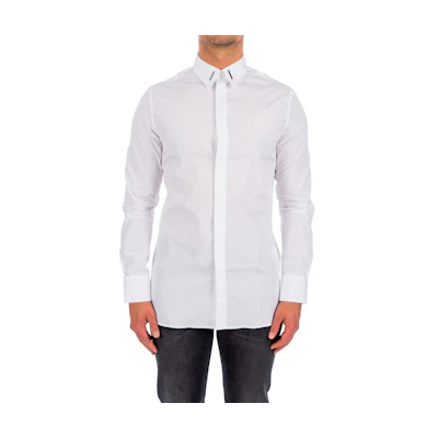 Givenchy FW21 White Long Sleeve Shirt with Metal Clasp Logo Detail (). BM60QK109F-100