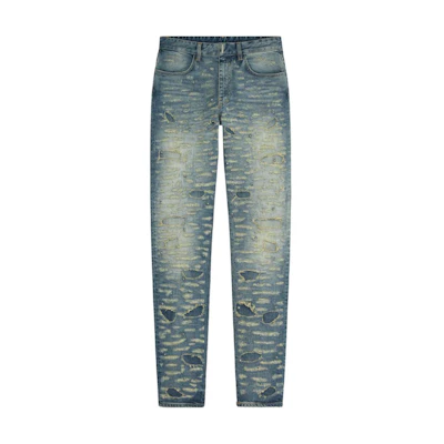 GIVENCHY FW22 Distressed Slim Straight Jeans in Mid Blue. BM50ST5Y3J-420