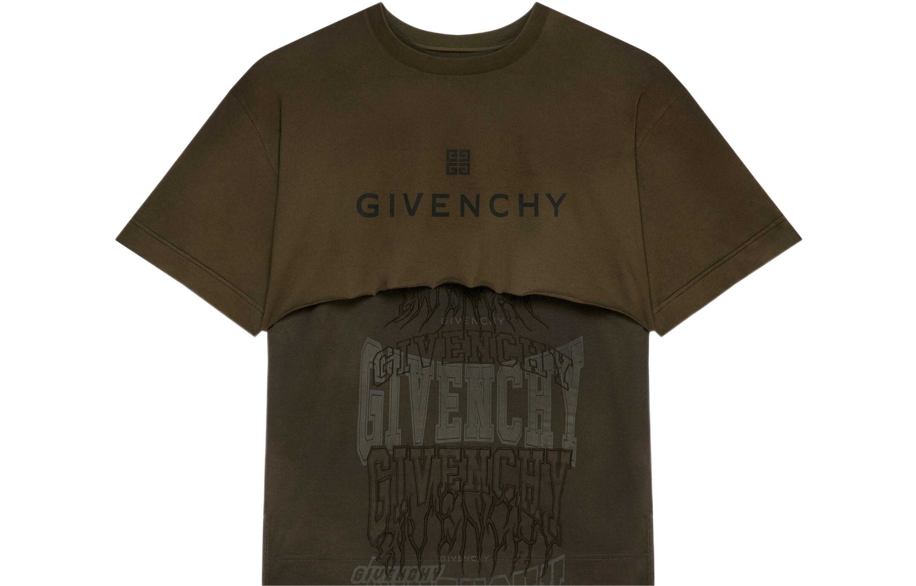 Buy GIVENCHY FW22  Green Layered Logo Print Casual Short Sleeve T-Shirt. BM71FF3Y8V-309